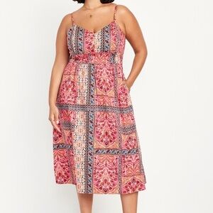 Old Navy Pink Paisley Blue Sleeveless V-Neck Waist-Defined Cami Midi Dress